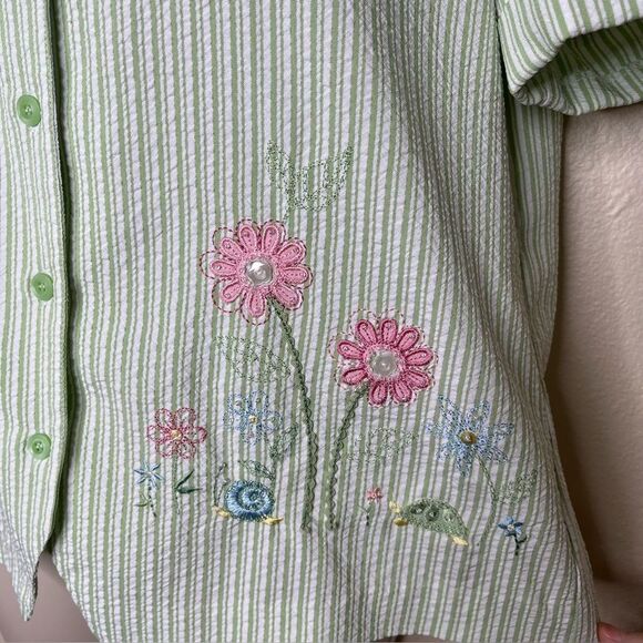 Alfred Dunner Seersucker Green Stripe Embroidered Beaded Short Sleeve Women 8 - Picture 5 of 13